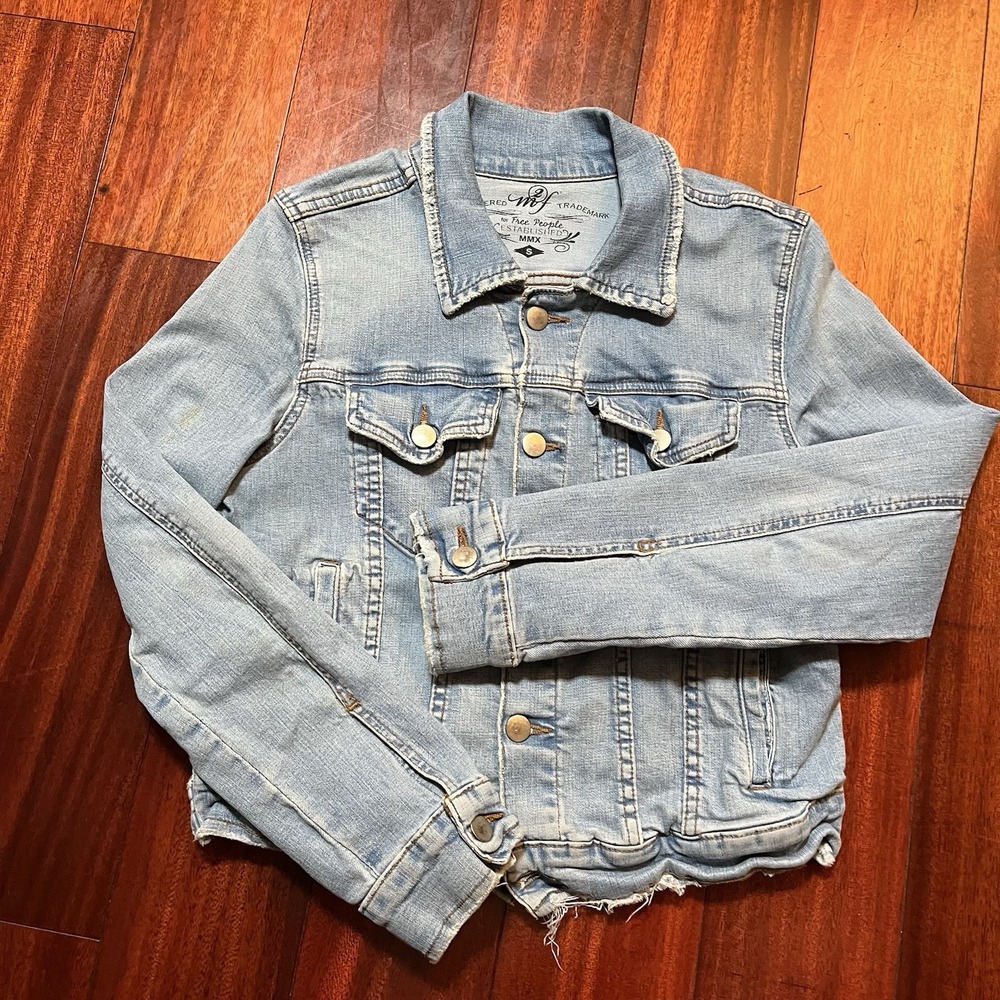 M2F for Free People Jacket Womens Small Blue Denim Light Wash Jean Long Sleeve *
